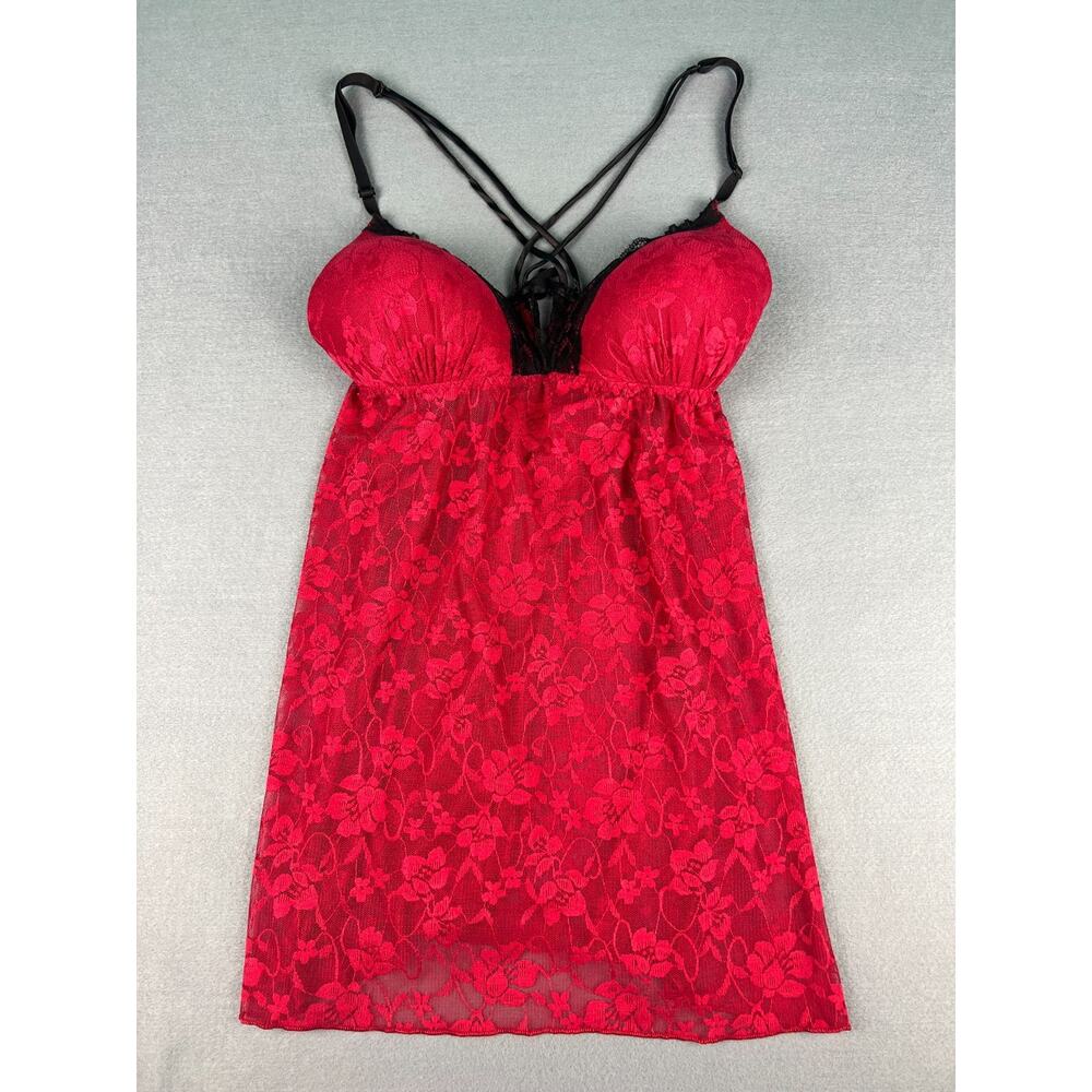 Red Lace Babydoll Lingerie XL Strappy Back Padded Cups‎ Sheer Mesh Chemise